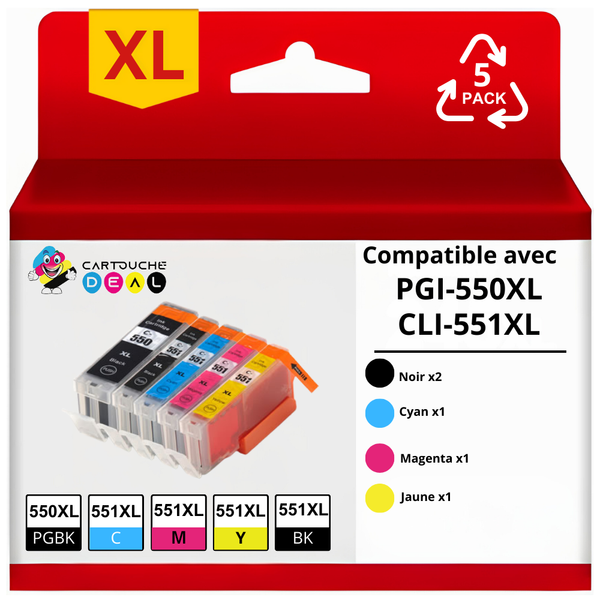 CANON PGI-550 XL /CLI-551 XL : LOT de 5 Cartouches d'encre générique compatible GRANDE CAPACITE