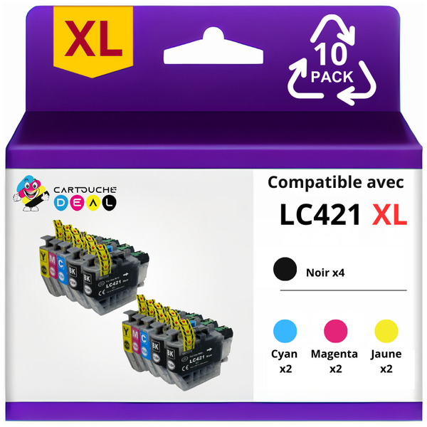 LOT DE 10 CARTOUCHES D'ENCRE GENERIQUE COMPATIBLE BROTHER LC-421XL LC421 XL
