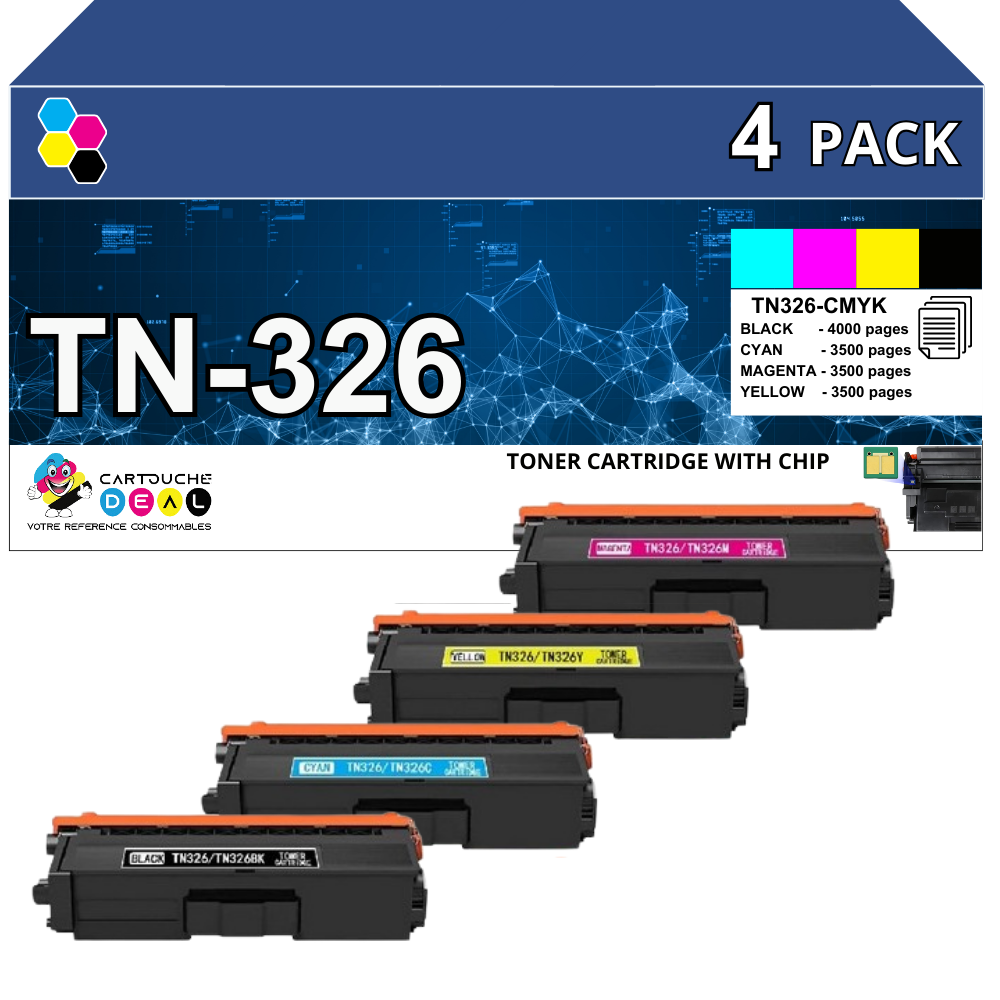 TN-326 : Lot de 4 Toners générique compatible au modèle Brother TN326 noir , cyan , magenta , jaune grande capacité