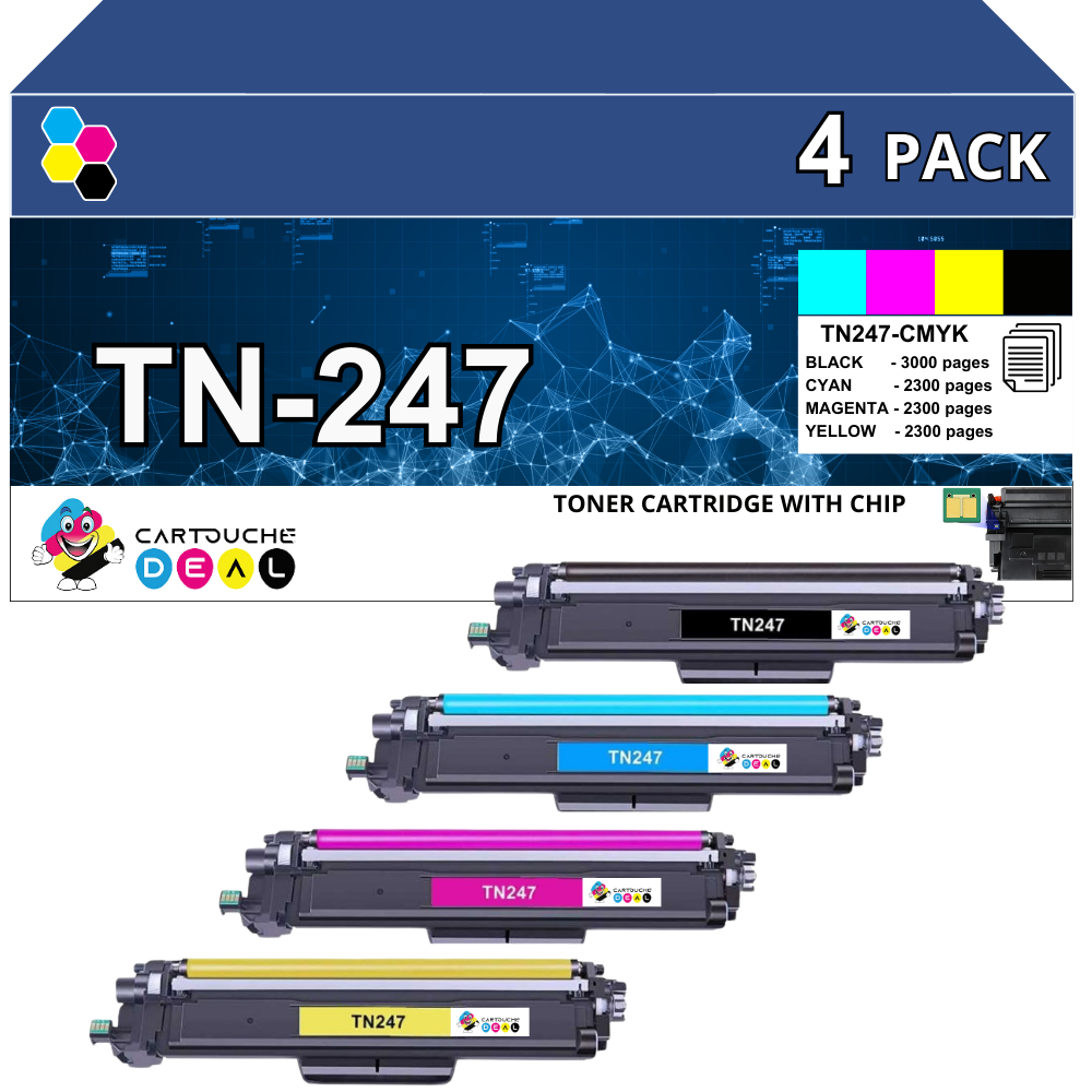 TN-247 : Lot de 4 Toners générique compatible au modèle Brother TN247 noir , cyan , magenta , jaune grande capacité