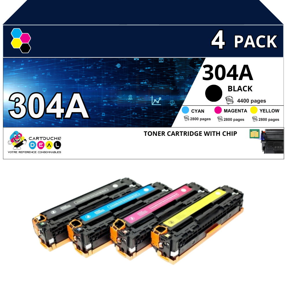 HP 304A : Lot de 4 Toners générique compatible au modèle HP CC530A CC531A CC532A CC533A