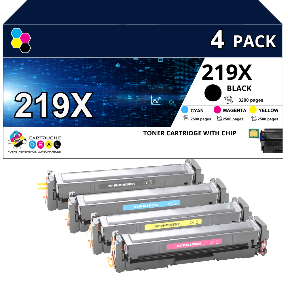 HP 219X : Lot de 4 Toners générique compatible au modèle HP W2190X W2191X W2192X W2193X grande capacité