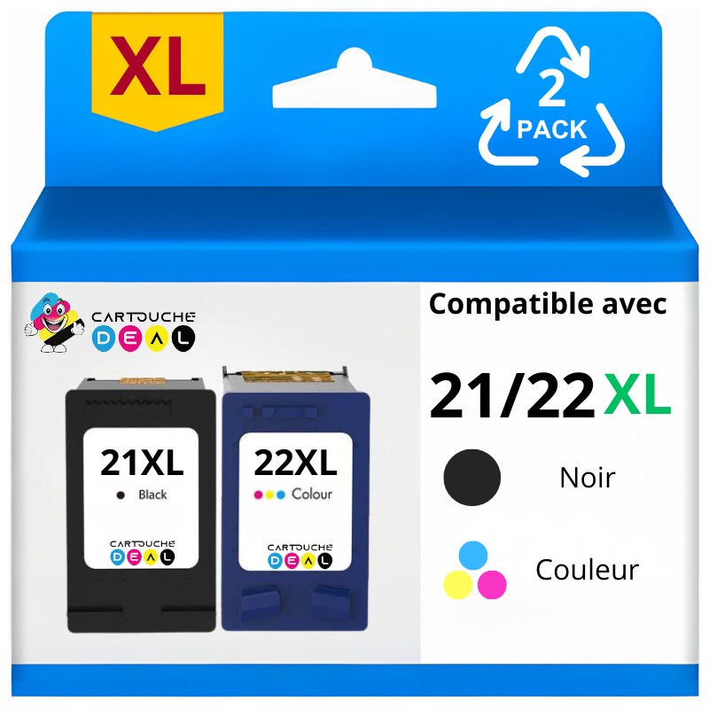 Lot de 2 cartouches compatibles HP 21XL, HP 22XL, HP21 XL, HP22 XL grande capacité